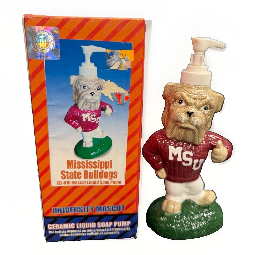 Mississippi State Bulldogs MSU Mascot Ceramic Soap Dispenser Pump 2004 w/ Box